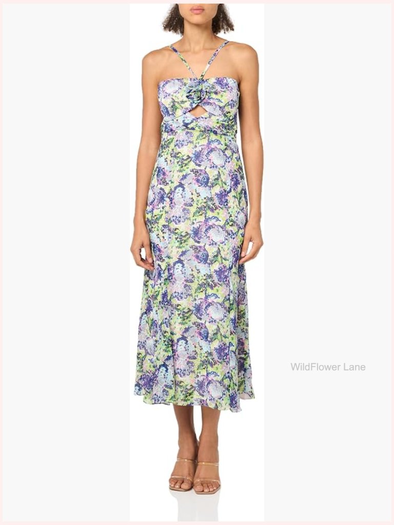 Midi Floral A-Line Dress With Tie Neck And Zipper Closure